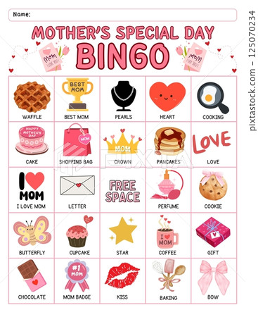 Mother's Day bingo game for kids with colorful printable cards, calling cards, and cute designed for preschool and classroom homeschool activity educational learning fun during springtime Mother's Day bingo game for kids with colorful printable cards, calling cards, and cute designed for preschool and classroom homeschool activity educational learning fun during springtime 125070234