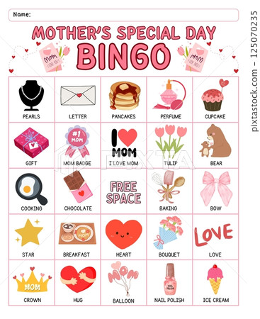 Mother's Day bingo game for kids with colorful printable cards, calling cards, and cute designed for preschool and classroom homeschool activity educational learning fun during springtime Mother's Day bingo game for kids with colorful printable cards, calling cards, and cute designed for preschool and classroom homeschool activity educational learning fun during springtime 125070235
