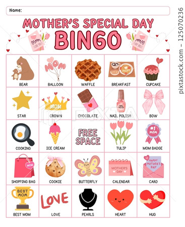 Mother's Day bingo game for kids with colorful printable cards, calling cards, and cute designed for preschool and classroom homeschool activity educational learning fun during springtime Mother's Day bingo game for kids with colorful printable cards, calling cards, and cute designed for preschool and classroom homeschool activity educational learning fun during springtime 125070236