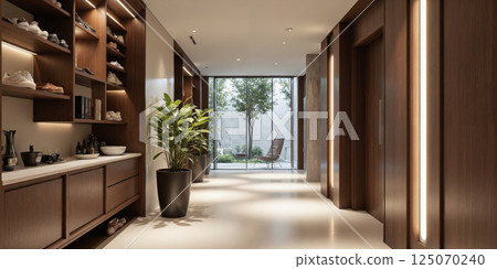 Smart Mocha Musse entryway with automated shoe racks that organize and sanitize footwear using UV light technology. The entryway also Smart Mocha Musse entryway with automated shoe racks that organize and sanitize footwear using UV light technology. The entryway also 125070240