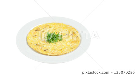 Tortilla Espanola - A classic Spanish omelette made with eggs, potatoes, and onions, all cooked together to create a thick, Tortilla Espanola - A classic Spanish omelette made with eggs, potatoes, and onions, all cooked together to create a thick, 125070286