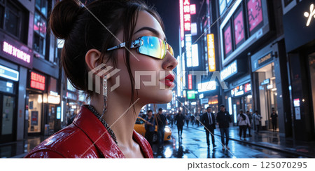 Neon Cyberpunk Street Life Dynamic urban scene set in a futuristic city at night, with rain-soaked streets reflecting vivid neon lights, cyberpunk-style Neon Cyberpunk Street Life Dynamic urban scene set in a futuristic city at night, with rain-soaked streets reflecting vivid neon lights, cyberpunk-style 125070295