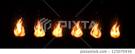 Realistic burning fire icon set. Bright hot flame with glowing light, heat effect, ember particles. Decorative design element for animation, game interface, web, app. Vector illustration. 125070436
