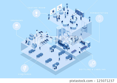 Winery factory 3d isometric concept for web design. People in isometry working at vineyard, crushing, fermentation, bottling and labeling wine bottles, tasting vine beverage. Vector illustration. 125071237