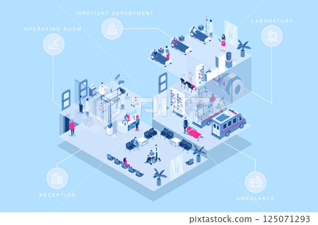 Medical center 3d isometric concept for web design. People in isometry rooms working at reception hall, laboratory, doctors monitoring inpatient department, ambulance parking. Vector illustration. 125071293