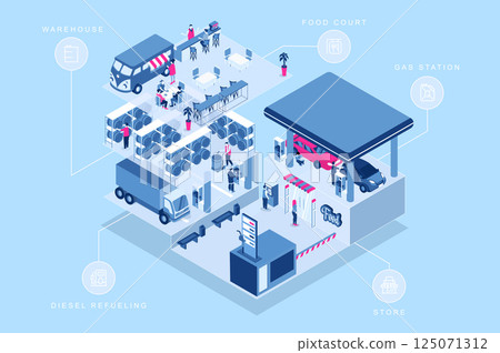 Gas station 3d isometric concept for web design. People in isometry rooms filling cars at diesel and fuel refueling zones, visiting store and food court, workers ar warehouse. Vector illustration. 125071312