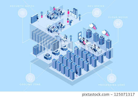 Data center 3d isometric concept for web design. People in isometry rooms working in development office, cloud nexus, computing at processing core, cooling zone, security watch. Vector illustration. 125071317