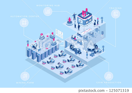 Cryptocurrency mining 3d isometric concept for web design. People in isometry rooms working in mining farm, automation center, monitoring hub, coin production, crypto training. Vector illustration. 125071319