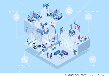Creative agency 3d isometric concept for web design. People in isometry rooms working in office, development department, customer contact area, manufacturing, communicate at hall. Vector illustration. 125071322