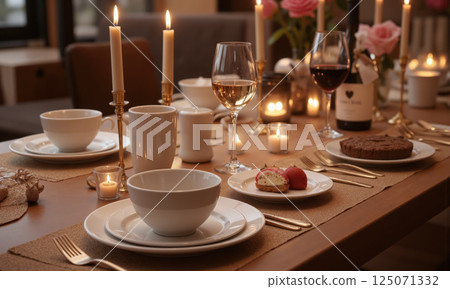 A Valentine's Day restaurant promotion featuring an intimate, candlelit dinner setup with a mocha mousse-colored tablecloth, elegant porcelain plates, A Valentine's Day restaurant promotion featuring an intimate, candlelit dinner setup with a mocha mousse-colored tablecloth, elegant porcelain plates, 125071332