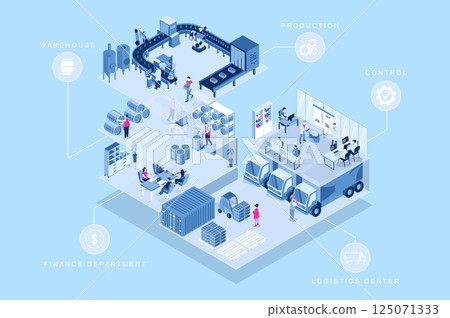 Beer factory 3d isometric concept for web design. People in isometry rooms working production lines, brewers in control and finance departments, logistics center and warehouse. Vector illustration. 125071333