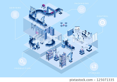 Automated factory 3d isometric concept for web design. People in isometry rooms working at packaging and production lines, engineers in control or servers, robots at storage. Vector illustration. Automated factory 3d isometric concept for web design. People in isometry rooms working at packaging and production lines, engineers in control or servers, robots at storage. Vector illustration. 125071335