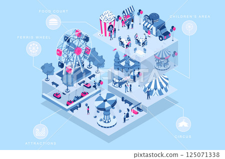 Amusement park 3d isometric concept for web design. People in isometry rooms riding at ferris wheel and attractions, eat at food court, visits circus, kids play in children area. Vector illustration. 125071338