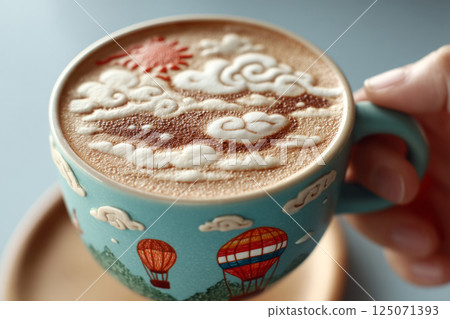 Creative latte art with clouds and sun design 125071393