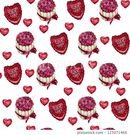 Watercolor cute retro cakes seamless pattern with cream and raspberries in coquette style. Hand drawn dessert illustration. Funny birthday background, poster, social media banner. 125071468