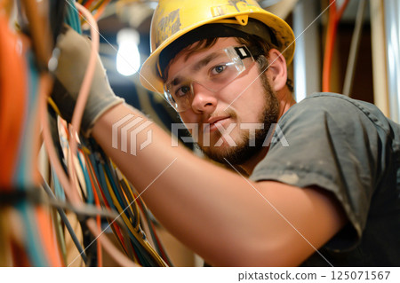 Young electrician working on a residential electrical installation, carefully connecting wires while wearing safety glasses and a hard hat 125071567
