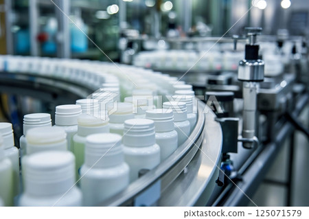 Pharmaceutical production line manufacturing white plastic bottles moving on conveyor belt in pharmaceutical factory 125071579