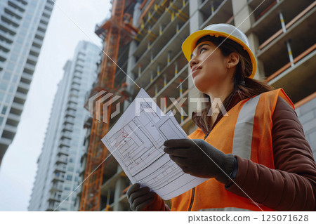 Construction site supervisor is holding blueprints and inspecting the progress of a building project 125071628