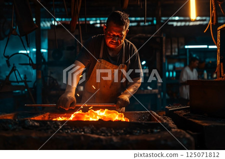 Blacksmith wearing a leather apron heating a metal rod in a burning forge inside a workshop 125071812