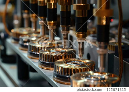 Automated machine processing a series of golden gears for luxury watches, showcasing precision and craftsmanship in the watchmaking industry 125071815