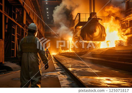 Steel worker wearing protective clothing watching molten metal being poured in a foundry at a steel mill 125071817