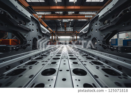 Modern factory assembly line produces airplane parts in a clean, bright, and spacious industrial setting with heavy machinery 125071818