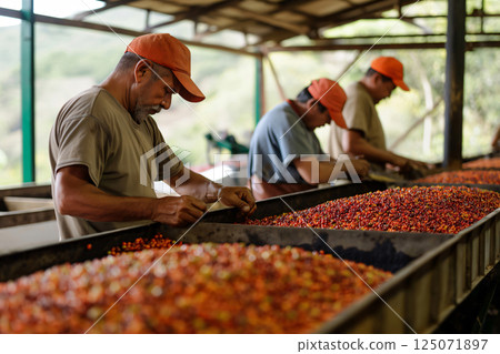 Coffee farmers working on a coffee farm are sorting coffee beans from a large container 125071897