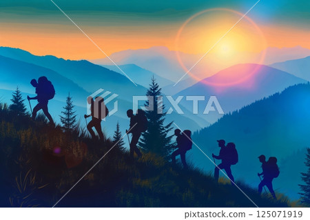 Silhouettes of hikers climbing a mountain range at sunset with a beautiful blue and orange sky in the background Silhouettes of hikers climbing a mountain range at sunset with a beautiful blue and orange sky in the background 125071919