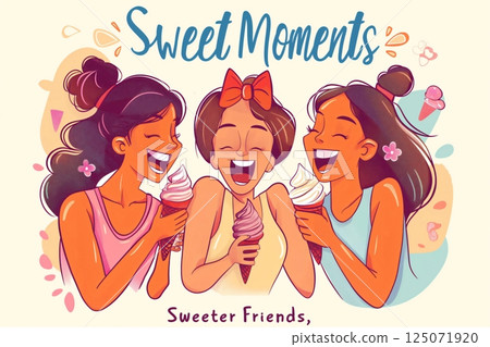 Three young women enjoying a summer day together, laughing and eating ice cream cones 125071920