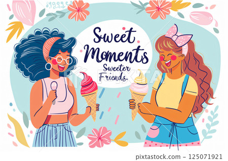 Two female friends are laughing and enjoying ice cream cones on a beautiful summer day 125071921