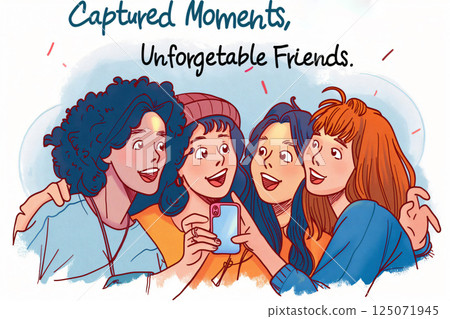 Group of young women are taking a selfie with smartphone, having fun all together Group of young women are taking a selfie with smartphone, having fun all together 125071945