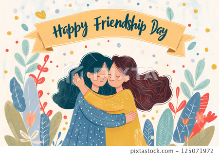 Two women with long hair are hugging each other surrounded by colorful leaves and flowers to celebrate friendship day 125071972