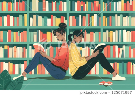 Illustration of two young women enjoying literature, sitting back to back on the floor and reading books in a library Illustration of two young women enjoying literature, sitting back to back on the floor and reading books in a library 125071997