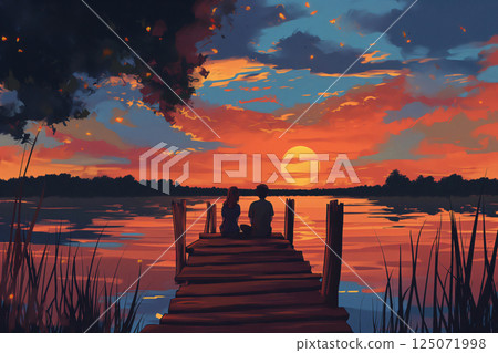 Two friends are enjoying a peaceful moment together, sitting on a dock and watching the sun setting over a lake 125071998