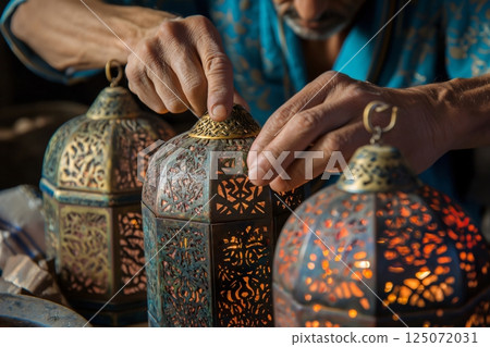 Close up of craftsman attaching top of handmade Moroccan lantern with intricate metalwork 125072031