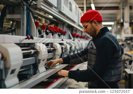 Textile factory worker operating and controlling a modern industrial knitting machine, ensuring smooth production 125072037