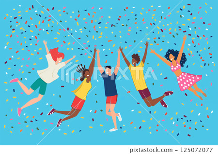 Group of young people jumping and having fun with confetti in the air, celebrating friendship day 125072077