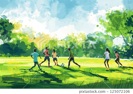 Young people playing soccer joyfully in a lush park on a sunny summer day, showing teamwork and energy in a fun game Young people playing soccer joyfully in a lush park on a sunny summer day, showing teamwork and energy in a fun game 125072106