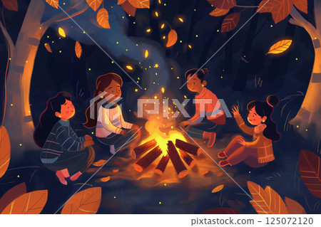 Four friends enjoying a warm campfire together in the forest at night, surrounded by colorful autumn leaves 125072120
