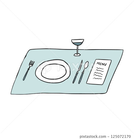 Table in restaurant with menu card, glass of wine, plate cutlery. Reserved table in modern cafe with tablecloth. Hand drawn isolated vector illustration clipart. Doodle whimsical style. Wedding table 125072170