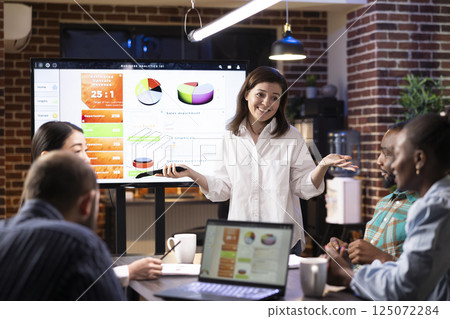 Caucasian female manager presenting marketing strategies to team using digital monitor. Diverse coworkers collaborate in startup office, analyzing project plans with technology and financial charts. Caucasian female manager presenting marketing strategies to team using digital monitor. Diverse coworkers collaborate in startup office, analyzing project plans with technology and financial charts. 125072284
