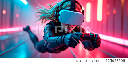 Futuristic Woman Flying with VR Headset in Neon Corridor 125072306