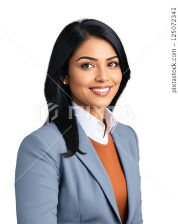 Portrait of a friendly South Asian woman with shoulder-length black hair, dressed in a formal gray jacket. Her approachable smile 125072341