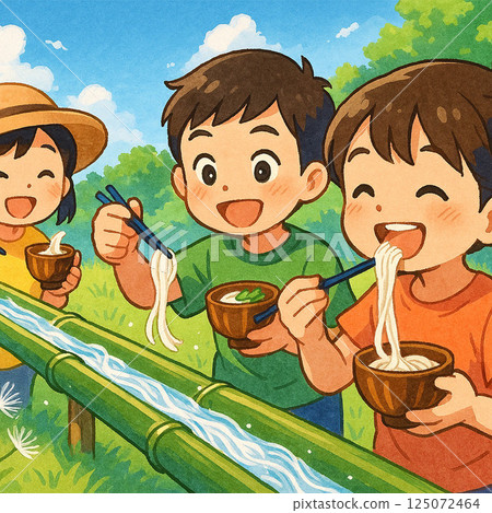 Children enjoying nagashi somen Children enjoying nagashi somen 125072464