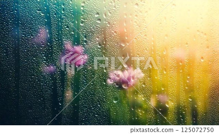 雨天窗玻璃上的水滴和模糊的自然風景情感背景 125072750