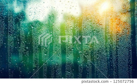 雨天窗玻璃上的水滴和模糊的自然風景情感背景 125072756
