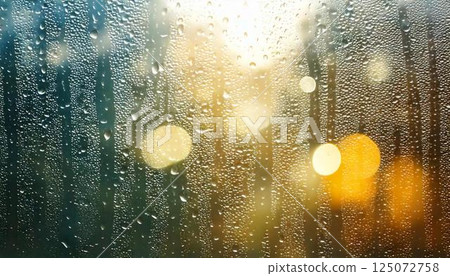 雨天窗玻璃上的水滴和模糊的自然風景情感背景 雨天窗玻璃上的水滴和模糊的自然風景情感背景 125072758