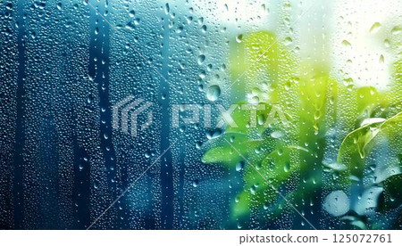 雨天窗玻璃上的水滴和模糊的自然風景情感背景 125072761