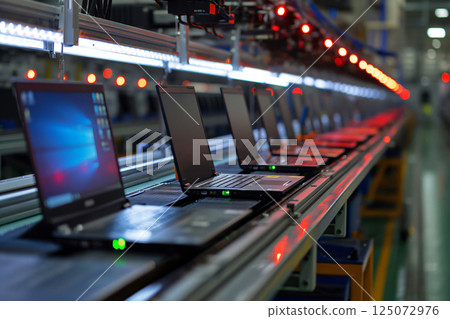 Line of laptops being assembled on an automated production line in a modern factory Line of laptops being assembled on an automated production line in a modern factory 125072976