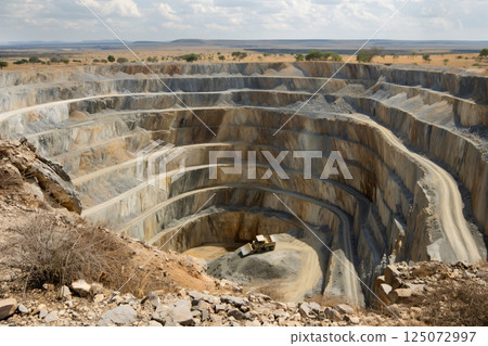 Open pit mine in Africa shows intense work with a massive truck hauling rocks, transforming the desert landscape and highlighting environmental impact 125072997